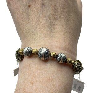 NWT Carolyn Pollack Sterling Silver Brass Leather Beaded Magnetic Bracelet 6in
